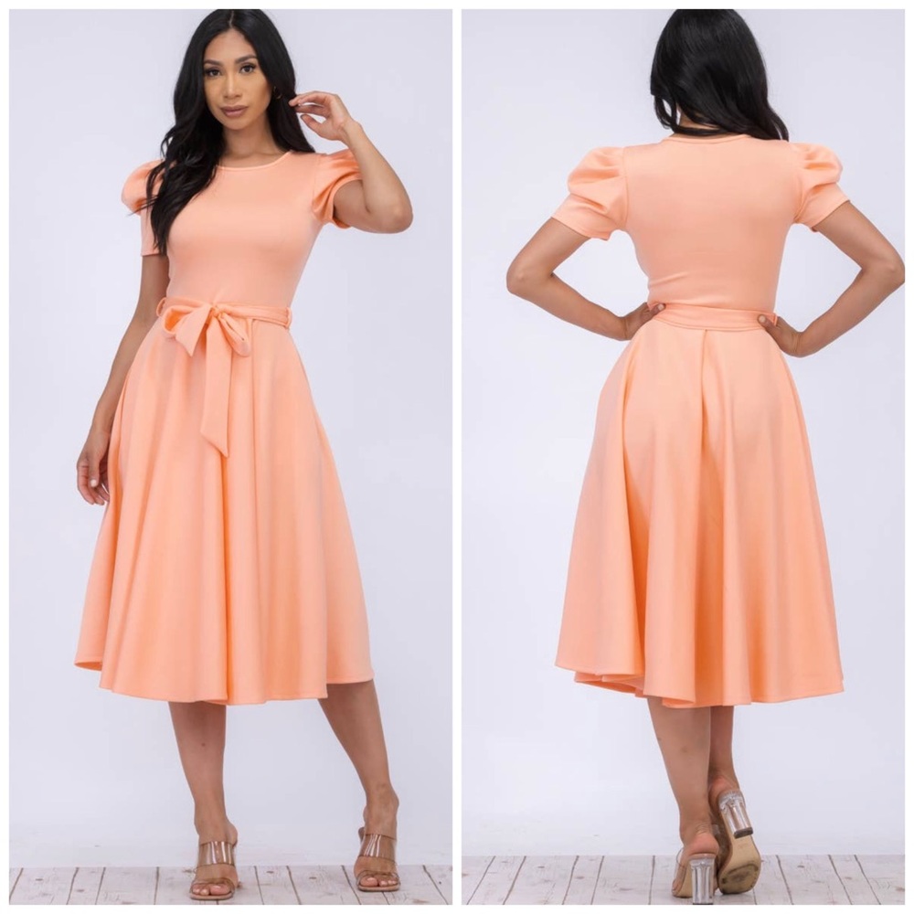 Puff Sleeve Cocktail Dress, Sizes 1X - 3X (Peach)